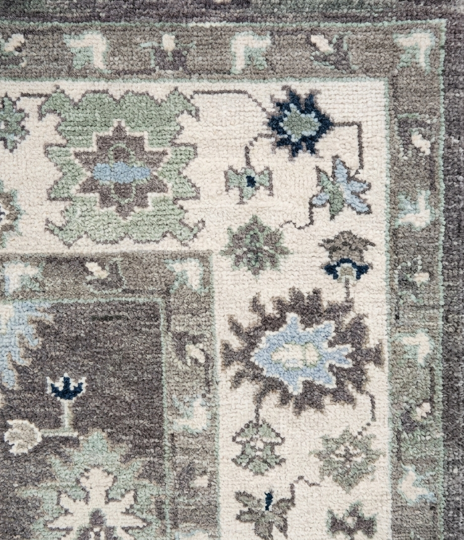 Hand Knotted Oushak Rug 9x12 Ft – Taupe Brown & Ivory Vintage Turkish Wool Carpet, Traditional Floral Medallion Area Rug