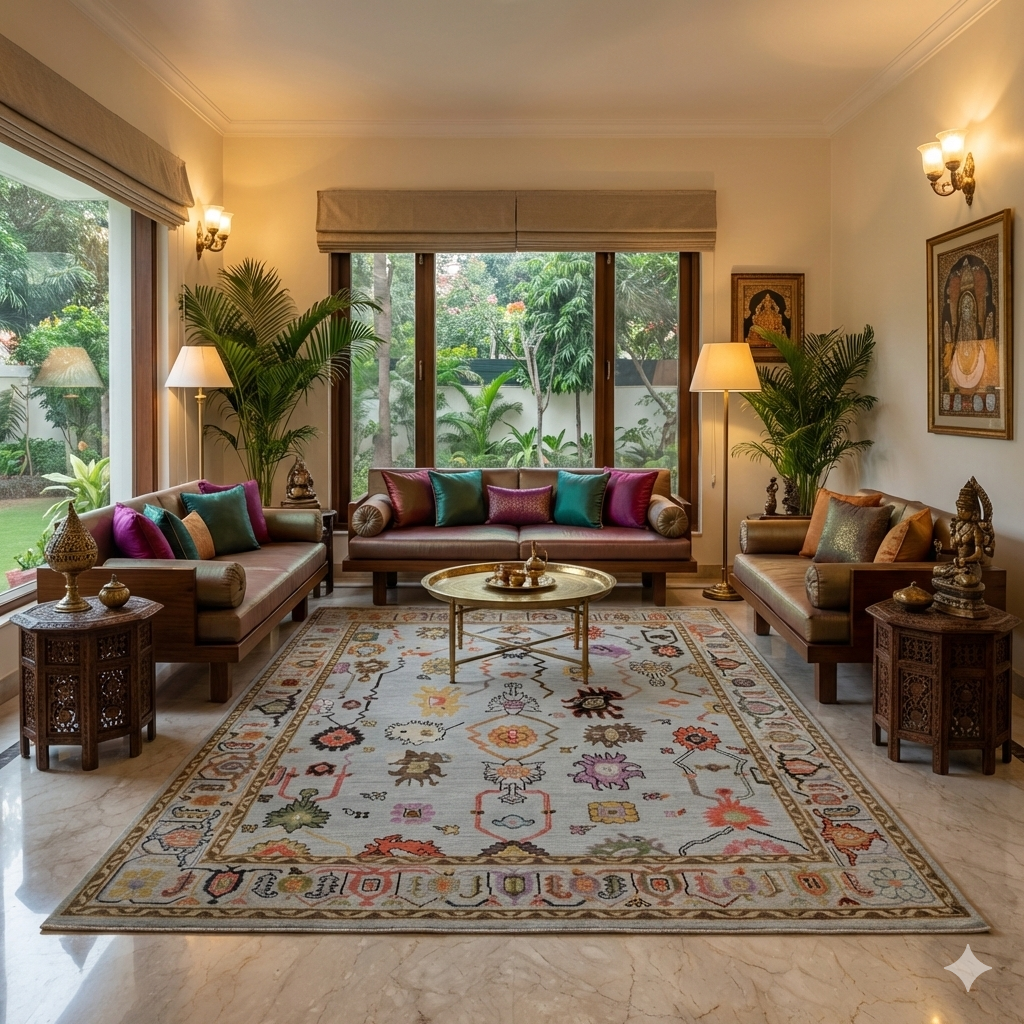 Hand-Knotted Oushak Wool Rug - Soft Blue Base with Multicolor Accents | Luxury Handmade Turkish Carpet by Rug Regalia