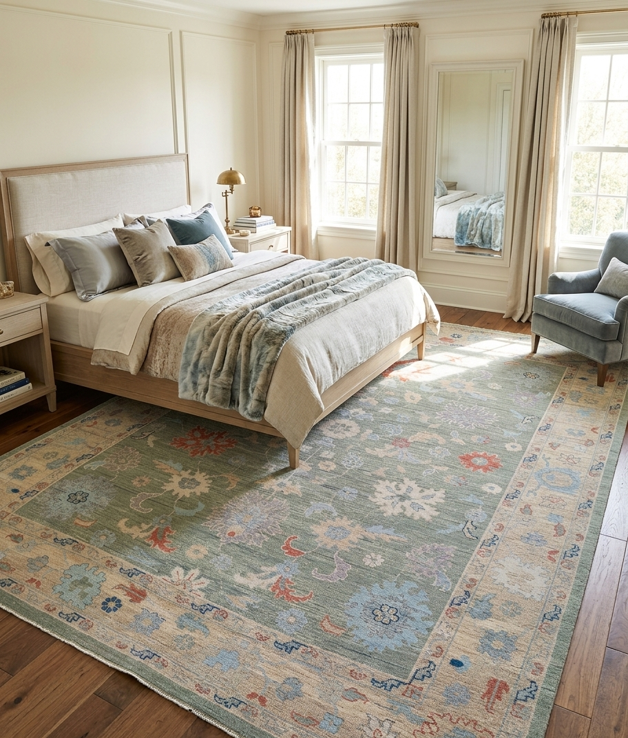 Hand Knotted Oushak Rug 9x12 Ft – Sage Green & Ivory Vintage Turkish Wool Carpet, Floral Medallion Area Rug for Living Room