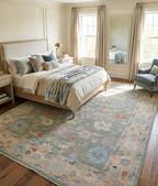 Hand Knotted Oushak Rug 9x12 Ft – Sage Green & Ivory Vintage Turkish Wool Carpet, Floral Medallion Area Rug for Living Room