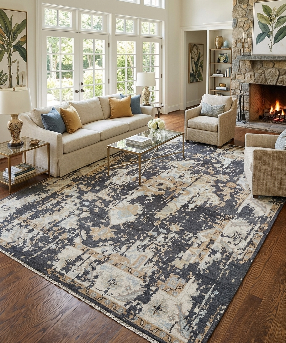 Vintage Distressed Turkish Style Wool Carpet, Beige Ivory Charcoal Black Antique Look Area Rug for Living Room, Bedroom hand knotted rug