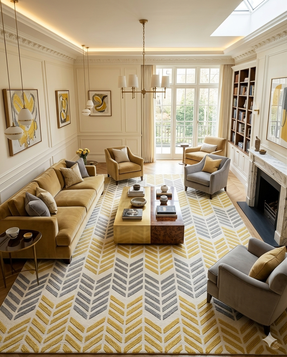 Rug Regalia Hand Tufted Wool Rug | Chevron Herringbone Pattern | Modern Geometric Design | 8x10 Ft | Yellow & Grey on Ivory