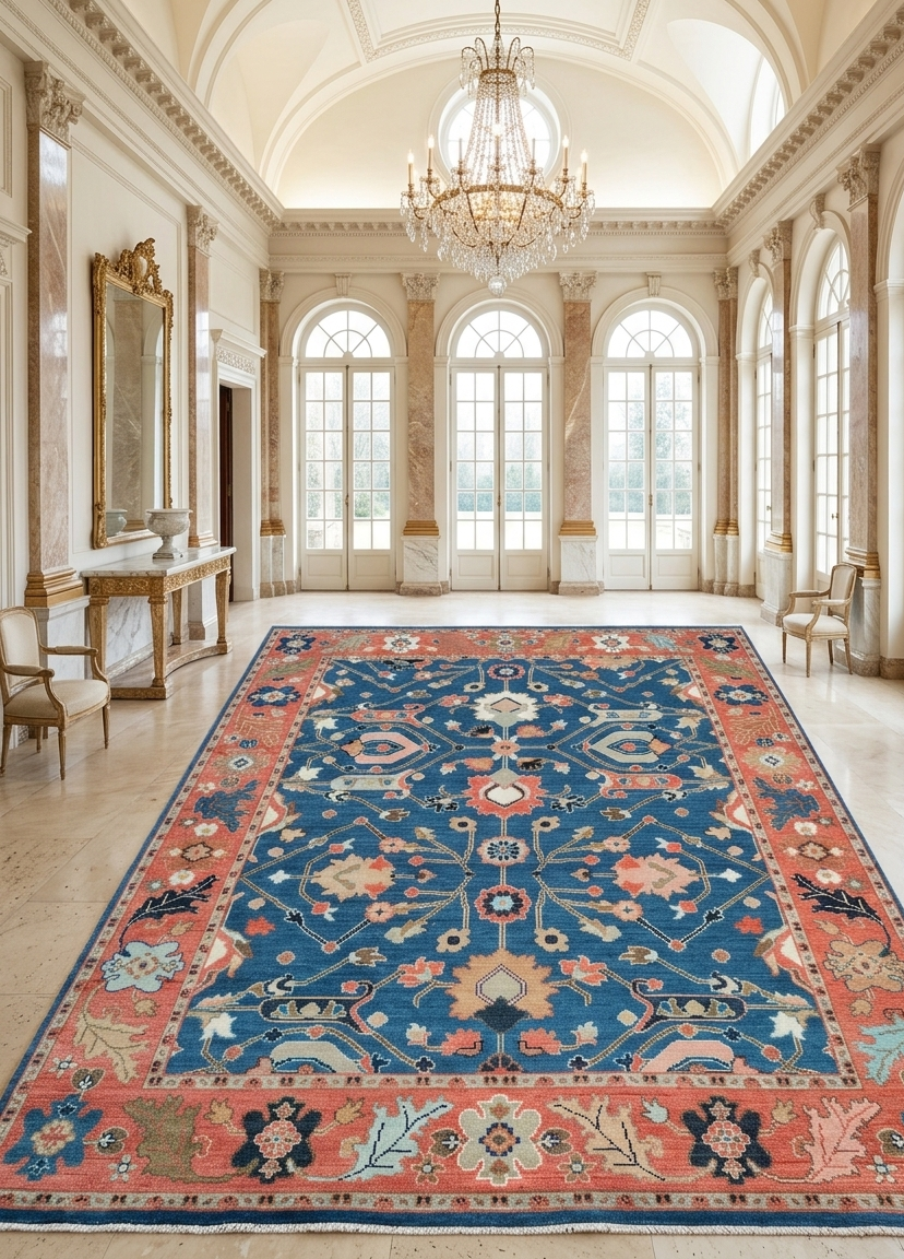 Hand Knotted Wool Rug, Blue Rust Traditional Floral Carpet, Vintage Style Living Room 8x10