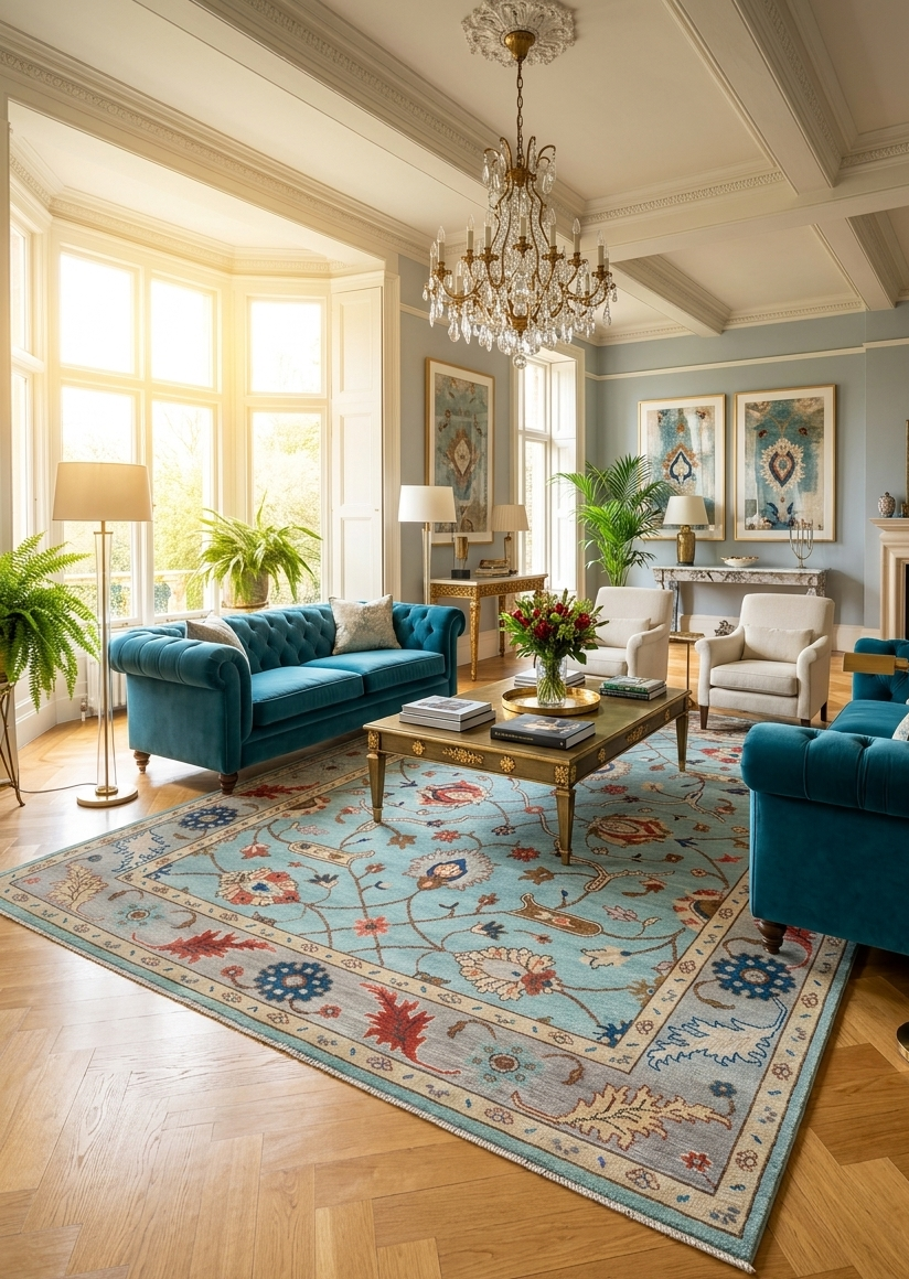 Blue Oushak Rug 8x10 Hand Knotted Wool Turkish Rug, Vintage Floral Area Rug, Light Blue Living Room Rug, Custom Size Rug