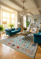 Blue Oushak Rug 8x10 Hand Knotted Wool Turkish Rug, Vintage Floral Area Rug, Light Blue Living Room Rug, Custom Size Rug