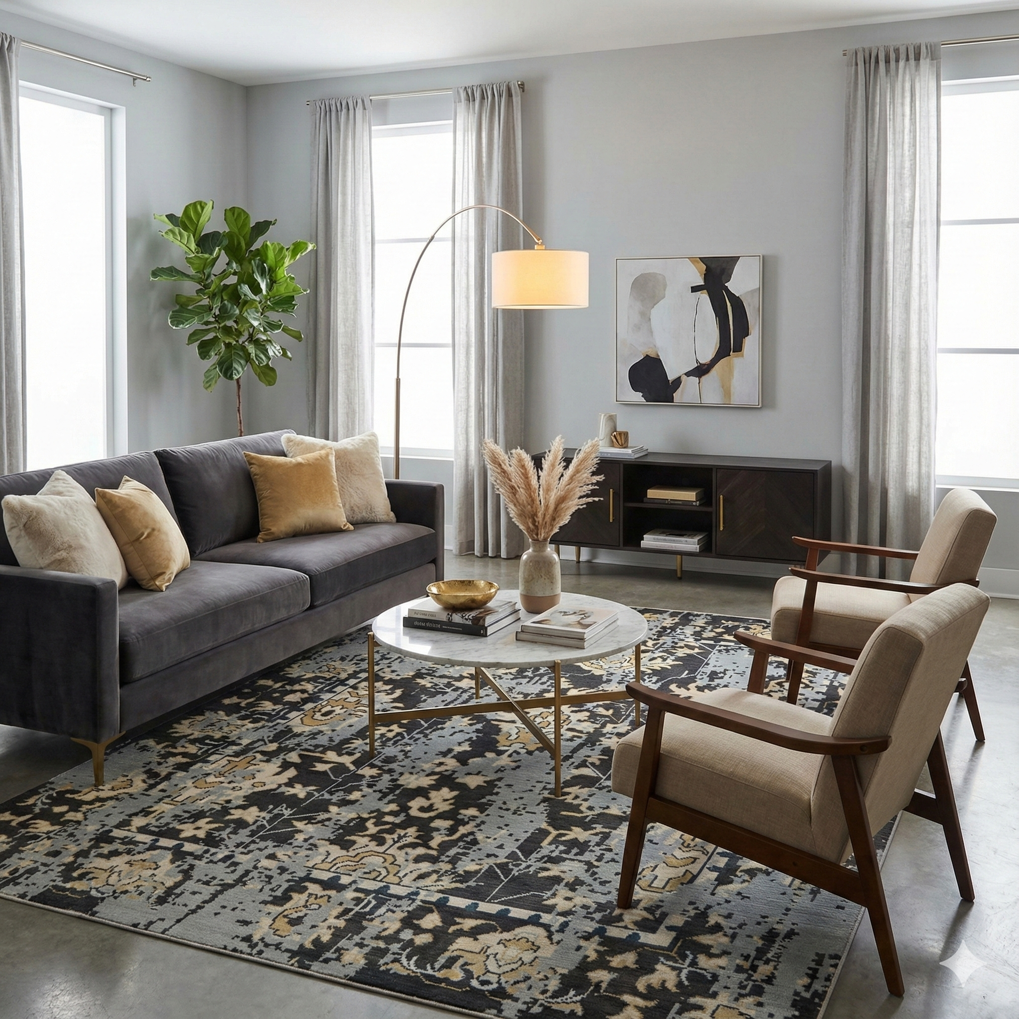 Modern Hand-Knotted Wool Rug - Charcoal Gray & Ivory Abstract Oushak Pattern | Rug Regalia