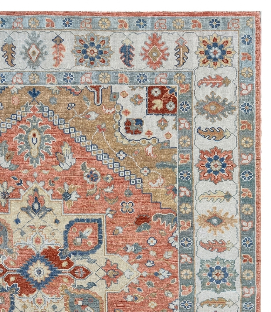 Hand Knotted Oushak Rug, Terracotta Coral & Beige Turkish Wool Rug, Vintage Medallion Oriental Carpet, Handmade Floral Area Rug, Custom Size