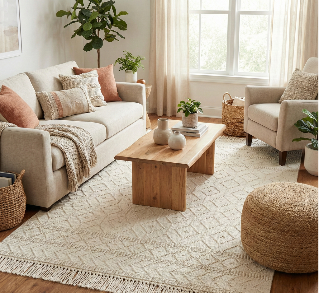 Handwoven Wool & Cotton Ivory Rug - Textured Neutral Area Rug with Fringe | Artisan Boho Minimalist Rug by Rug Regalia