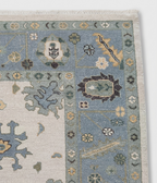 Hand Knotted Oushak Rug – Ivory & Soft Blue Turkish Wool Carpet, Vintage Geometric Medallion Handmade Area Rug for Living Room Bedroom