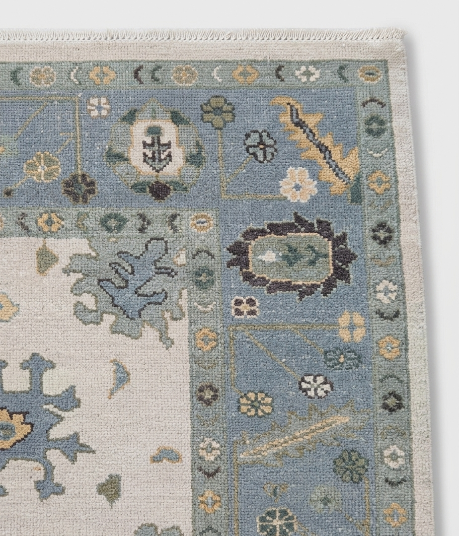 Hand Knotted Oushak Rug – Ivory & Soft Blue Turkish Wool Carpet, Vintage Geometric Medallion Handmade Area Rug for Living Room Bedroom