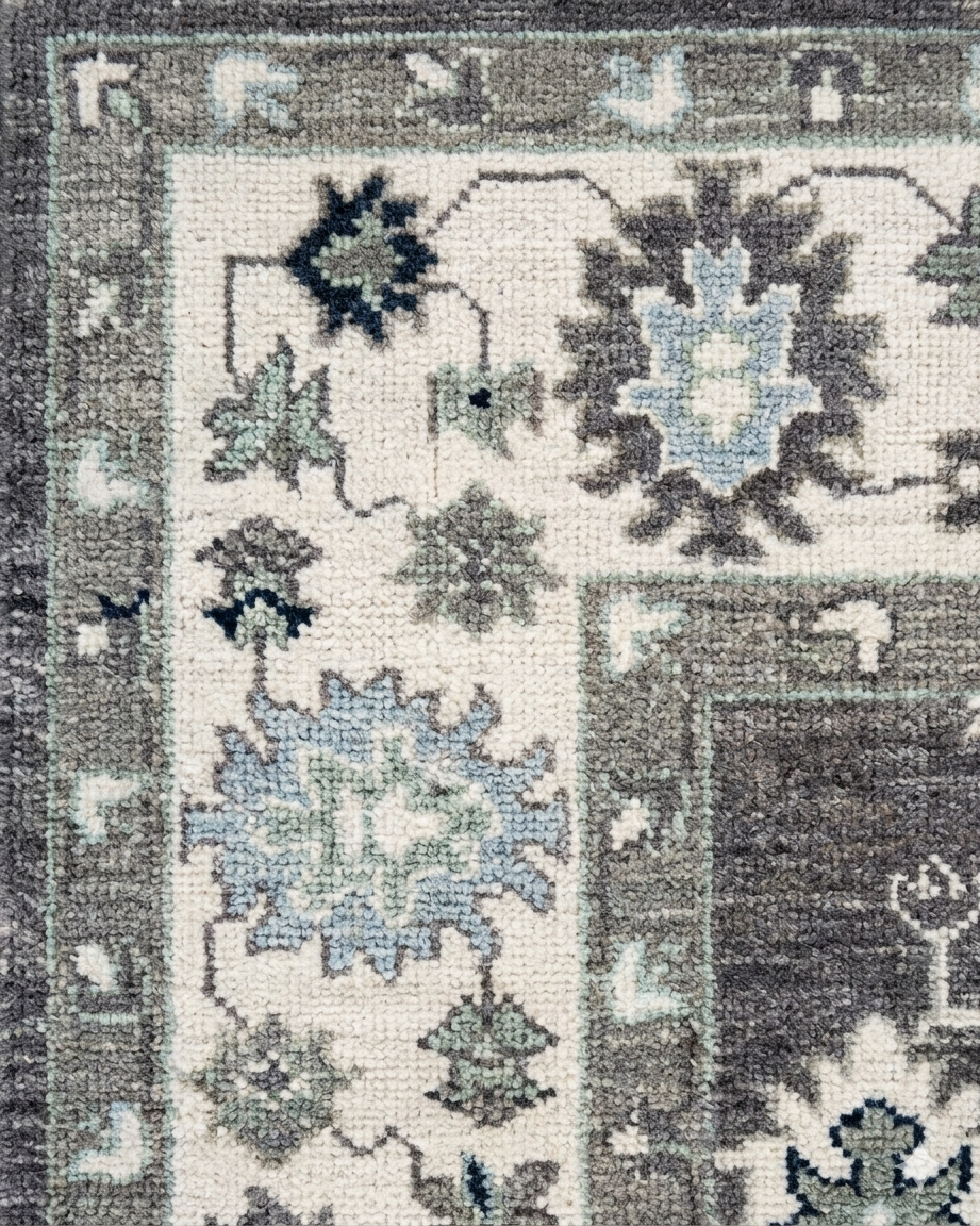 Hand Knotted Oushak Rug 9x12 Ft – Taupe Brown & Ivory Vintage Turkish Wool Carpet, Traditional Floral Medallion Area Rug