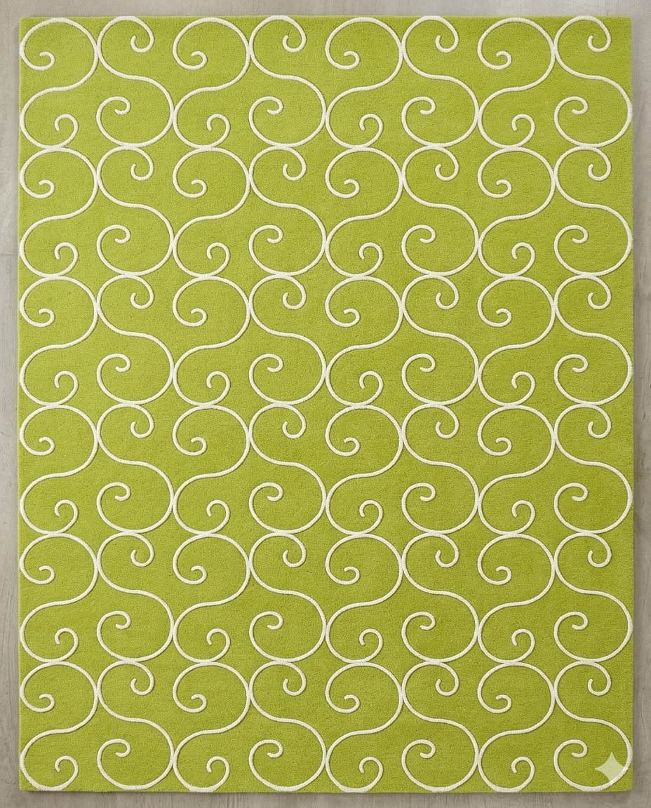 Rug Regalia Hand Tufted Wool Rug | Scroll Vine Pattern | Modern Decorative Design | 8x10 Ft | Lime Green & White