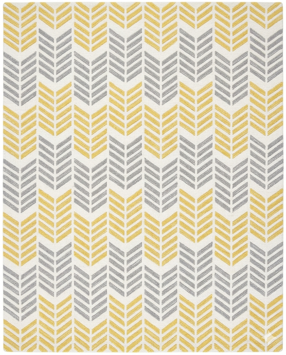 Rug Regalia Hand Tufted Wool Rug | Chevron Herringbone Pattern | Modern Geometric Design | 8x10 Ft | Yellow & Grey on Ivory