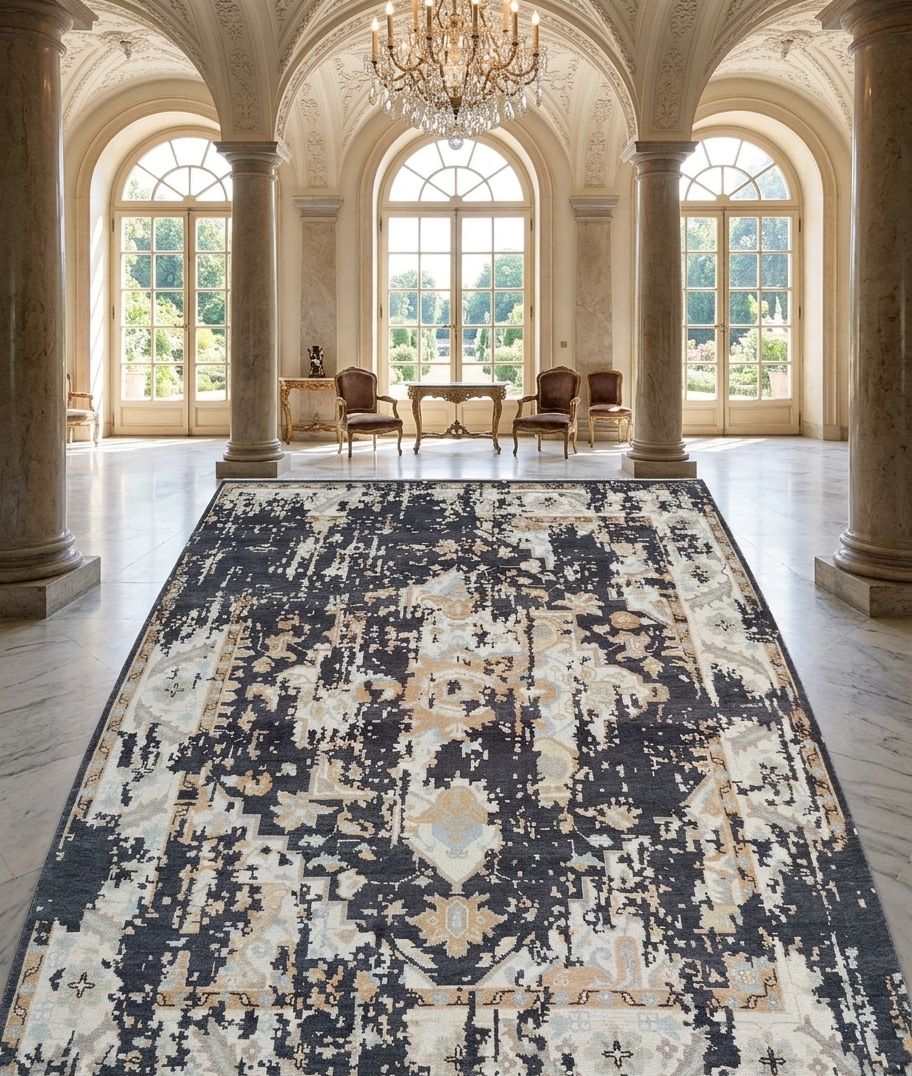 Vintage Distressed Turkish Style Wool Carpet, Beige Ivory Charcoal Black Antique Look Area Rug for Living Room, Bedroom hand knotted rug