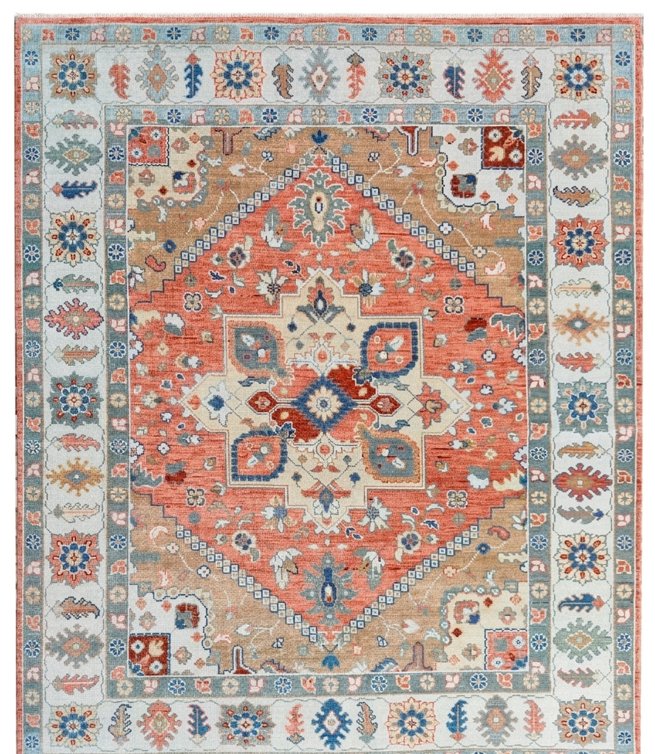 Hand Knotted Oushak Rug, Terracotta Coral & Beige Turkish Wool Rug, Vintage Medallion Oriental Carpet, Handmade Floral Area Rug, Custom Size