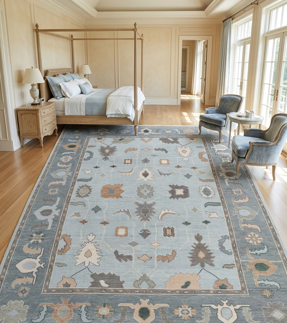 Light Blue Turkish Vintage Wool Carpet, Traditional Geometric Medallion Rug, Soft Pastel Handmade Area Rug for Living Room Bedroom