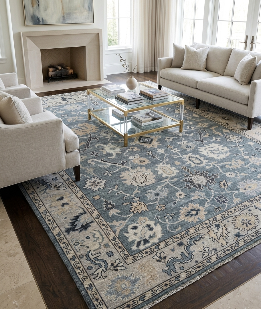 Hand Knotted Oushak Rug 8x10, Blue Grey Vintage Turkish Wool Rug, Ivory Border Floral Carpet, Handmade Living Room Rug Custom