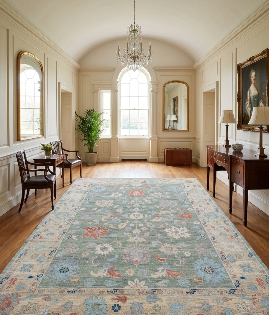Hand Knotted Oushak Rug 9x12 Ft – Sage Green & Ivory Vintage Turkish Wool Carpet, Floral Medallion Area Rug for Living Room