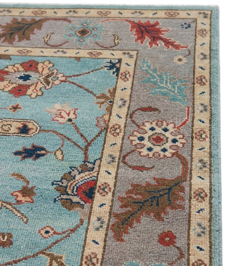 Blue Oushak Rug 8x10 Hand Knotted Wool Turkish Rug, Vintage Floral Area Rug, Light Blue Living Room Rug, Custom Size Rug