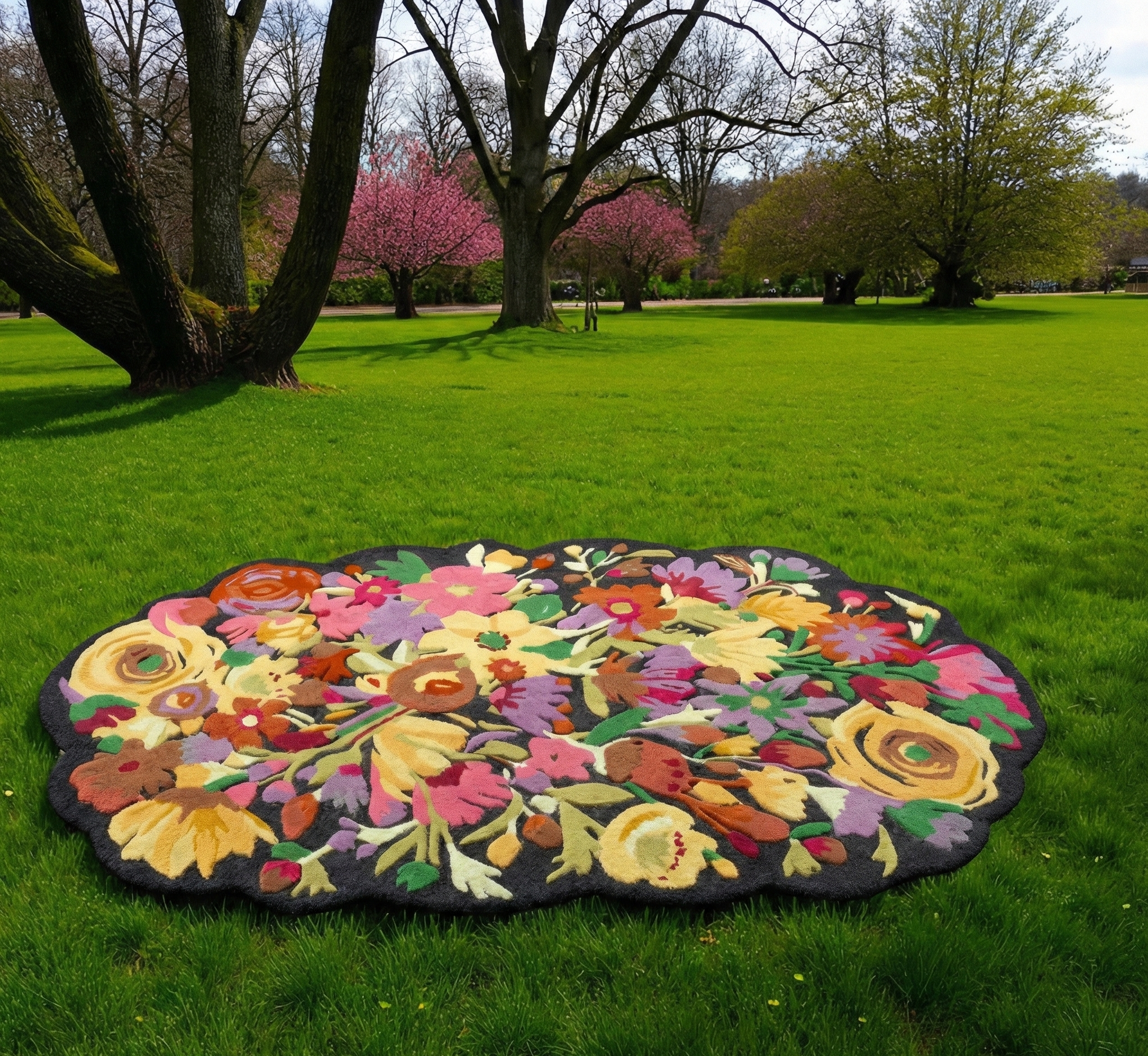 Midnight Bloom Hand-Tufted Wool Rug – Vibrant Floral Garden Design
