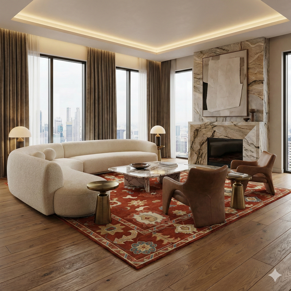 Hand-Knotted Oushak Wool Rug - Terracotta Red with Blue & Beige Accents | Luxury Turkish Handmade Carpet by Rug Regalia