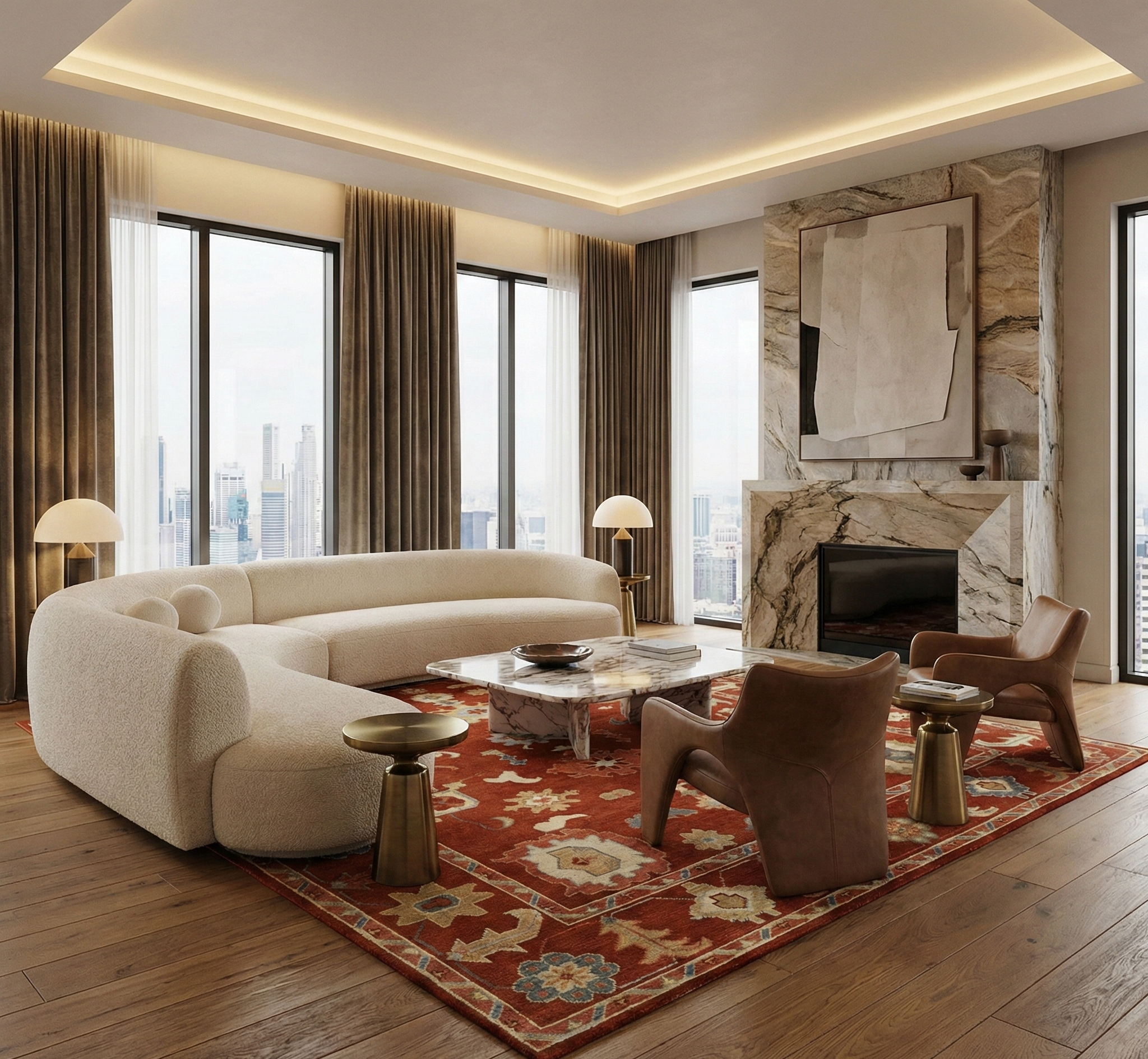 Hand-Knotted Oushak Wool Rug - Terracotta Red with Blue & Beige Accents | Luxury Turkish Handmade Carpet by Rug Regalia