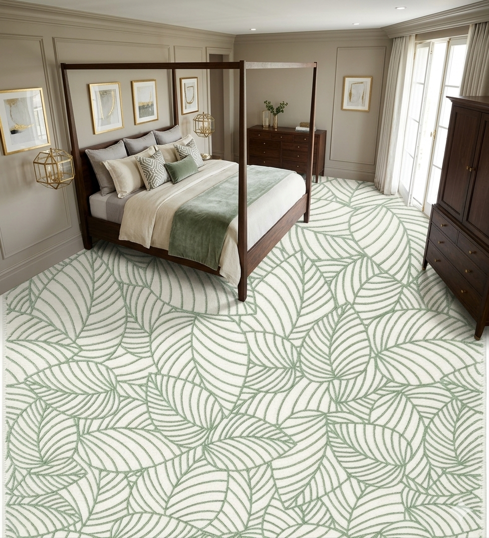 Rug Regalia Hand Tufted Wool Botanical Leaf Pattern Rug, Modern Nature Design, 8x10 ft, Green & Ivory