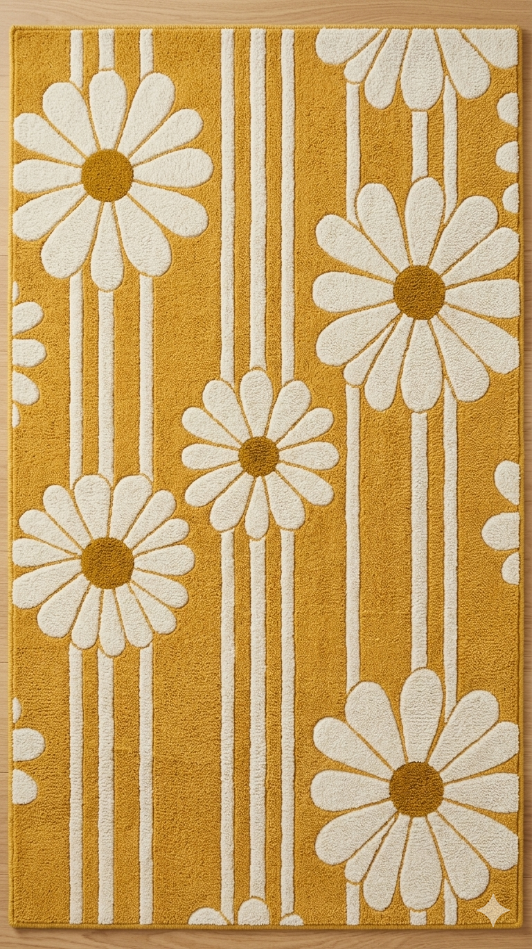 Retro Daisy Stripe" Premium Hand-Tufted Mustard Yellow Area Rug