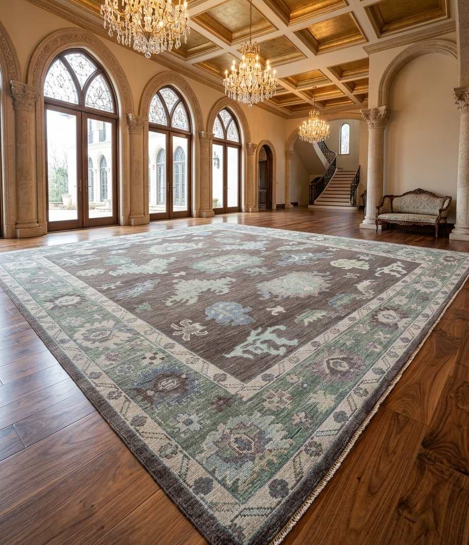 Hand Knotted Oushak Rug – Vintage Turkish Wool Carpet, Soft Green & Charcoal Medallion Design