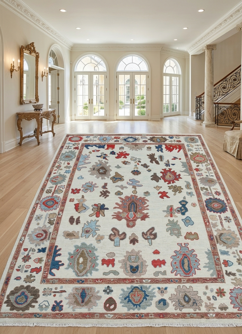 Hand Knotted Oushak Rug – Ivory Wool Traditional Floral Oriental Carpet New Zealand wool