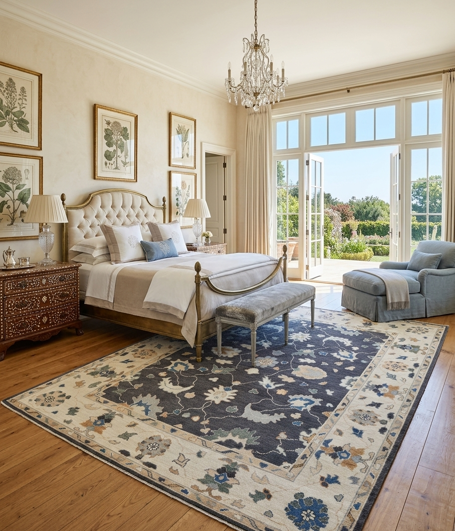 Hand-Knotted Charcoal Ivory Floral Oriental Wool Rug, Vintage Turkish Oushak Carpet
