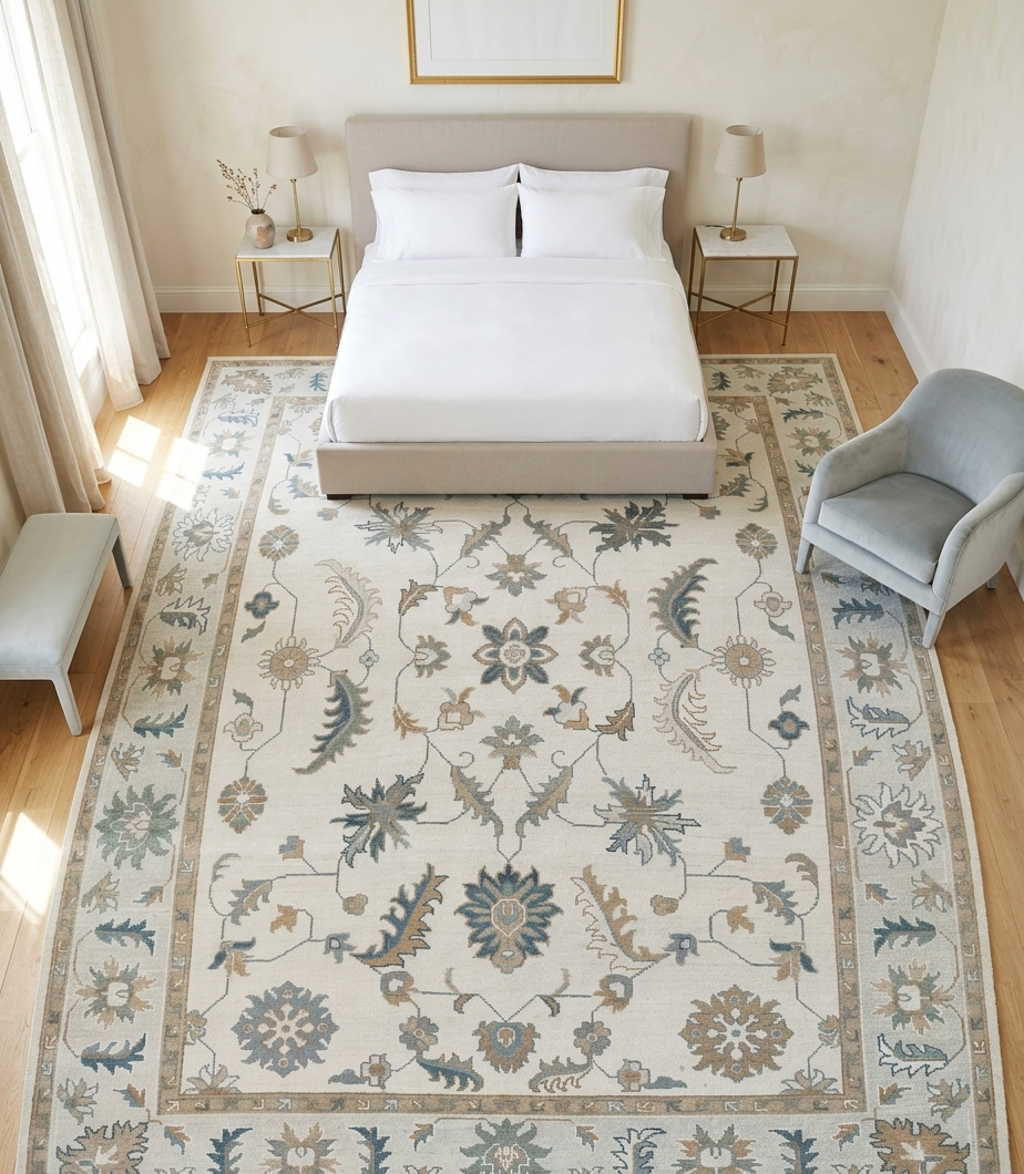 Hand Knotted Oushak Rug, Ivory Beige Turkish Wool Rug, Vintage Floral Oriental Carpet, Neutral Handmade Area Rug, Custom Size Rug Regalia