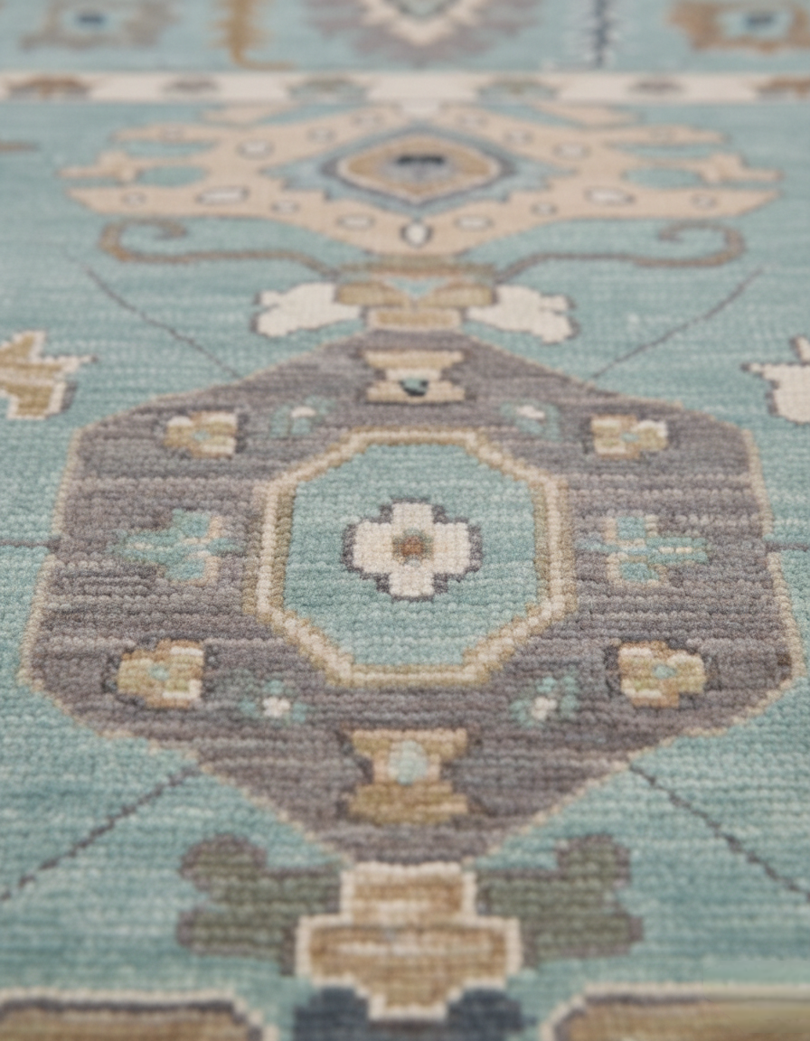 Aqua Blue Oushak Rug – Hand Knotted Wool Rug, Vintage Turkish Style, Soft Pastel Area Rug, 8x10 Custom Rug