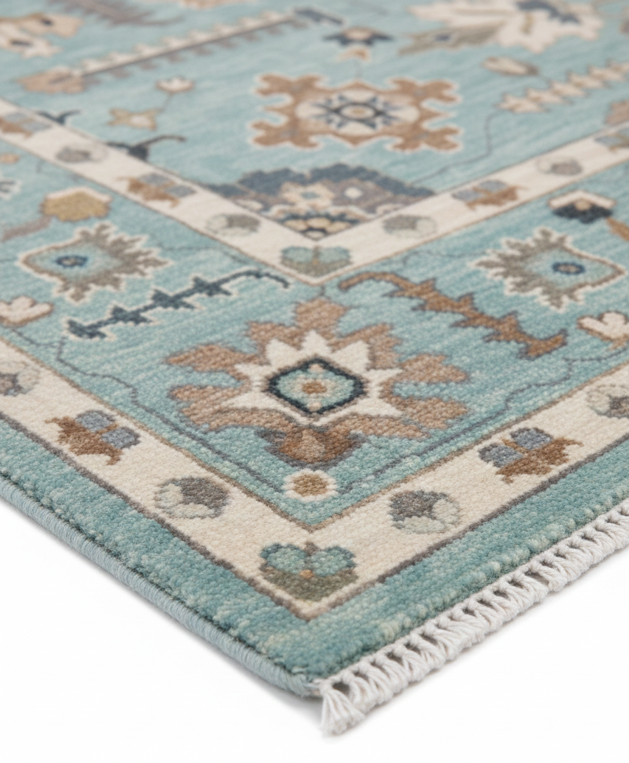 Aqua Blue Oushak Rug – Hand Knotted Wool Rug, Vintage Turkish Style, Soft Pastel Area Rug, 8x10 Custom Rug