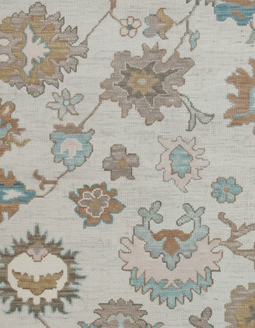 Ivory Oushak Rug – Hand Knotted Wool Rug, Vintage Turkish Floral Rug, Soft Pastel Area Rug, 8x10 Custom Rug