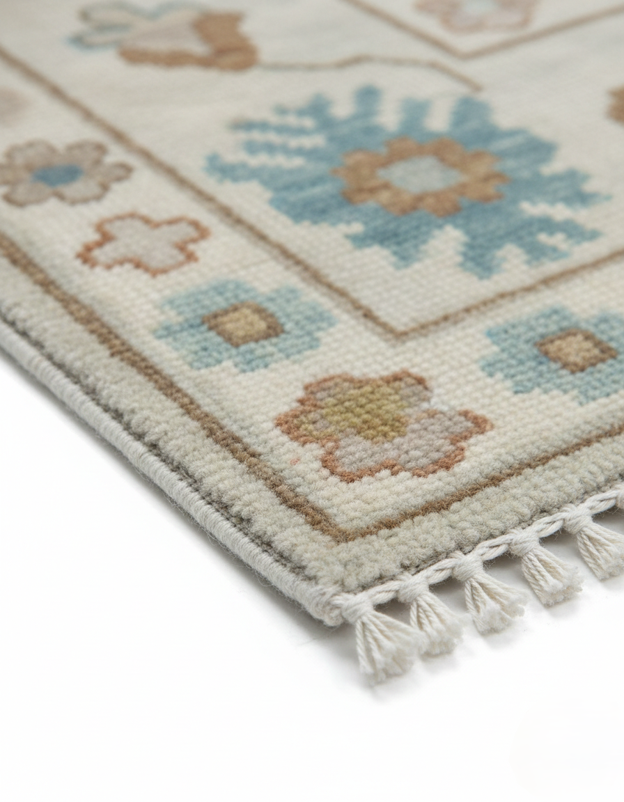 Ivory Oushak Rug – Hand Knotted Wool Rug, Vintage Turkish Floral Rug, Soft Pastel Area Rug, 8x10 Custom Rug