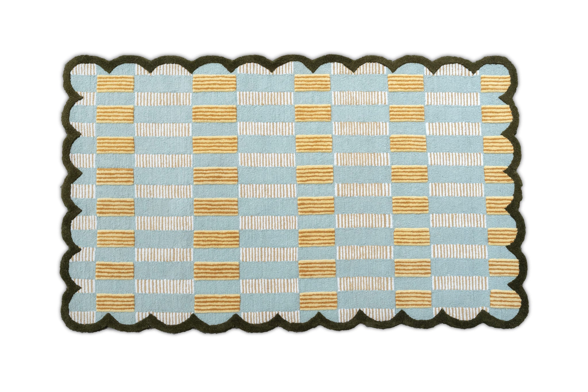 Scallop Check Hand-Tufted Wool Rug – Sky Blue & Mustard Pattern