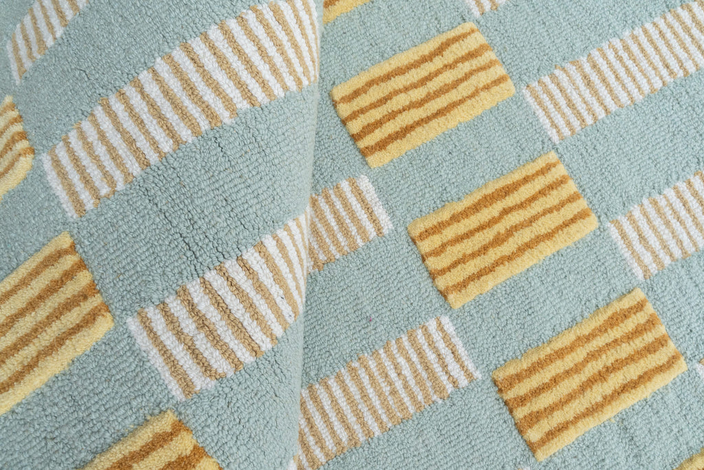 Scallop Check Hand-Tufted Wool Rug – Sky Blue & Mustard Pattern