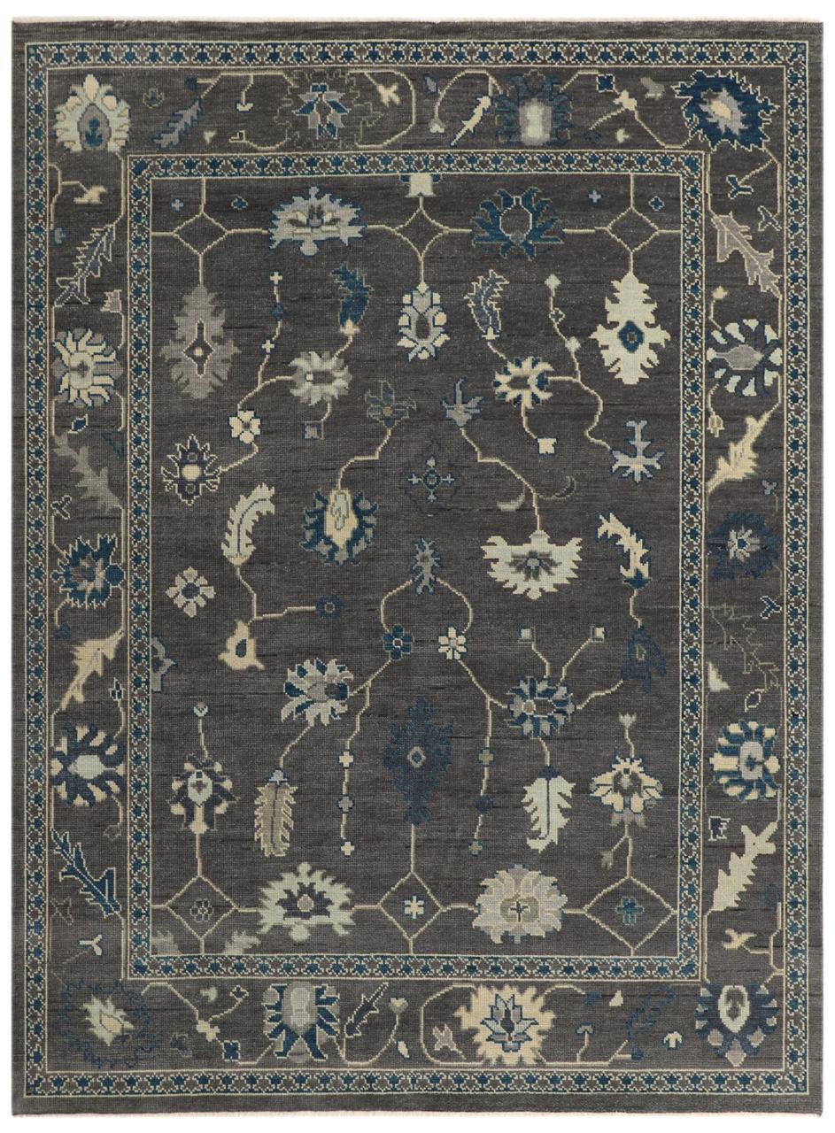Hand-Knotted Oushak Wool Rug - Charcoal Gray with Blue & Ivory Accents | Luxury Turkish Handmade Carpet by Rug Regalia