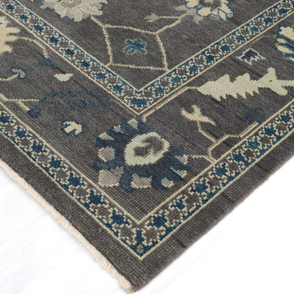 Hand-Knotted Oushak Wool Rug - Charcoal Gray with Blue & Ivory Accents | Luxury Turkish Handmade Carpet by Rug Regalia