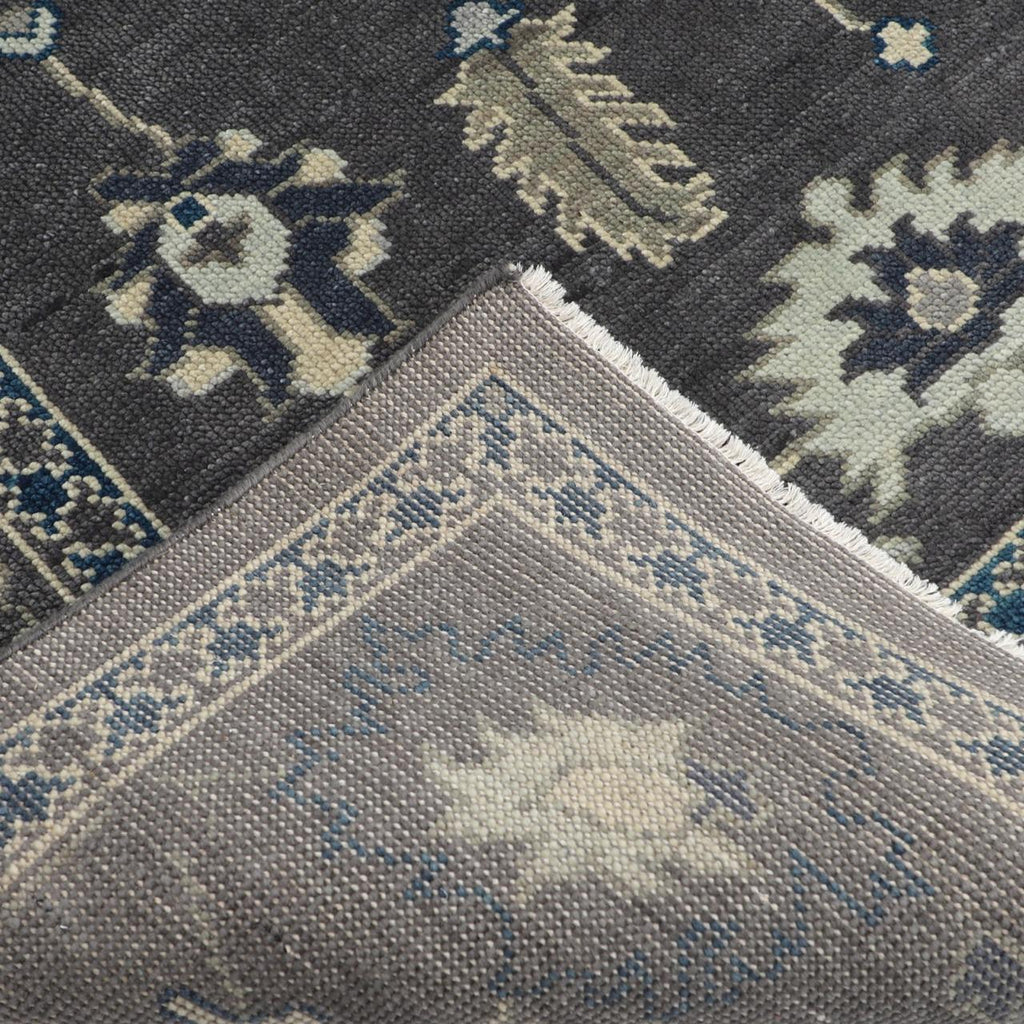 Hand-Knotted Oushak Wool Rug - Charcoal Gray with Blue & Ivory Accents | Luxury Turkish Handmade Carpet by Rug Regalia