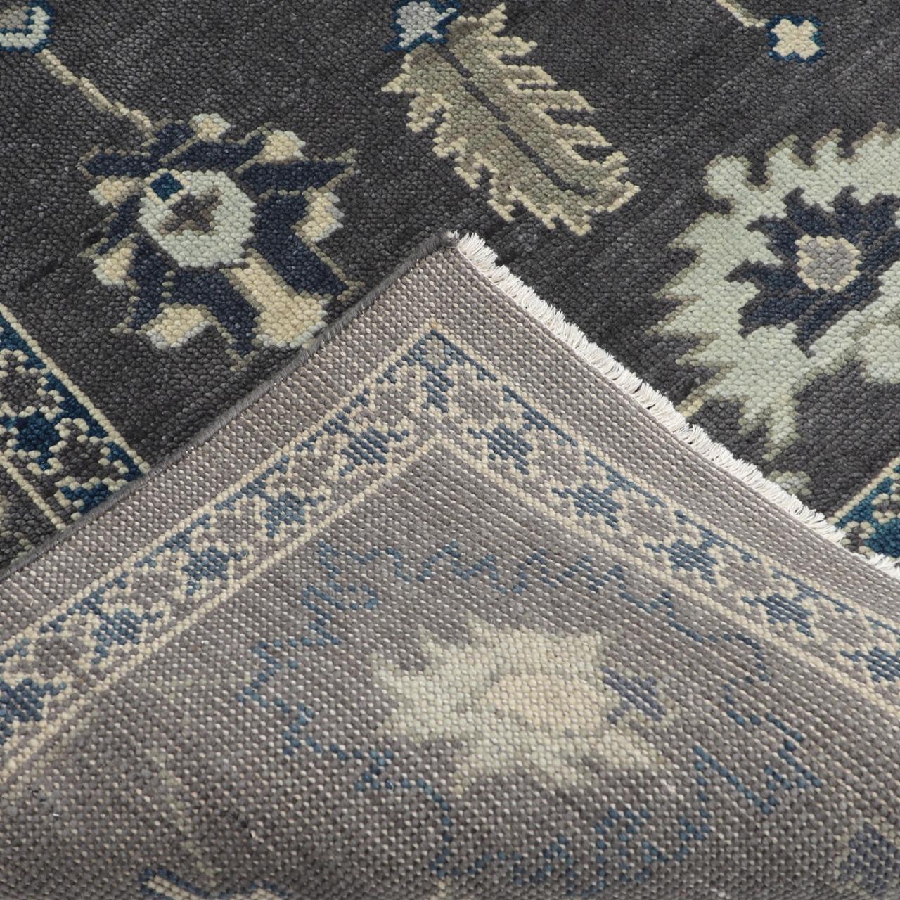 Hand-Knotted Oushak Wool Rug - Charcoal Gray with Blue & Ivory Accents | Luxury Turkish Handmade Carpet by Rug Regalia