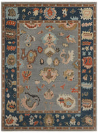 Hand-Knotted Oushak Wool Rug - Slate Gray with Navy & Terracotta Accents | Artisan Turkish Carpet by Rug Regalia