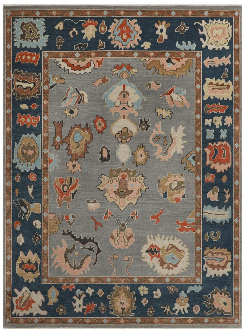Hand-Knotted Oushak Wool Rug - Slate Gray with Navy & Terracotta Accents | Artisan Turkish Carpet by Rug Regalia