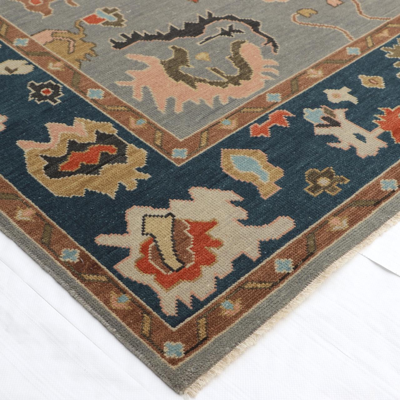 Hand-Knotted Oushak Wool Rug - Slate Gray with Navy & Terracotta Accents | Artisan Turkish Carpet by Rug Regalia