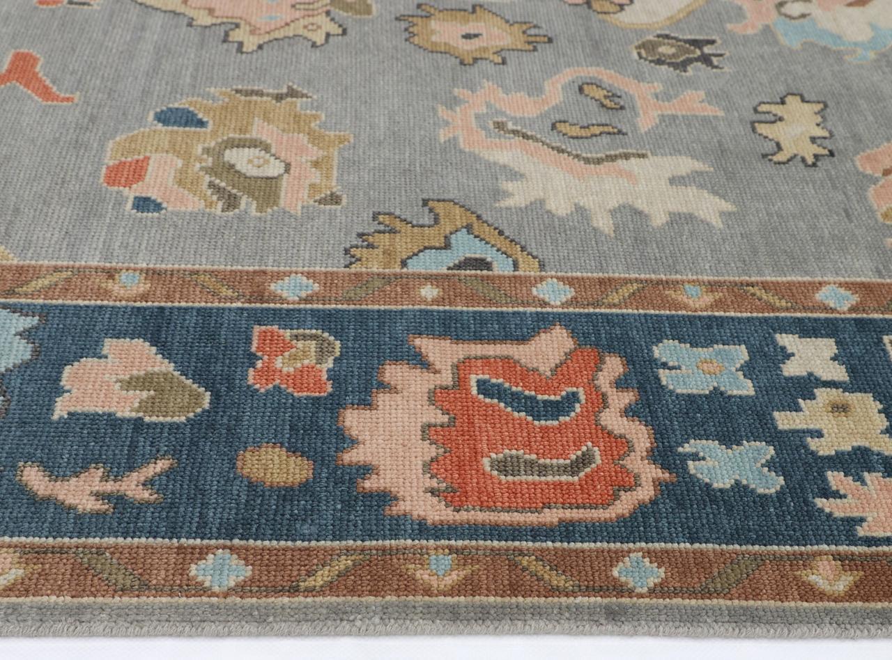 Hand-Knotted Oushak Wool Rug - Slate Gray with Navy & Terracotta Accents | Artisan Turkish Carpet by Rug Regalia
