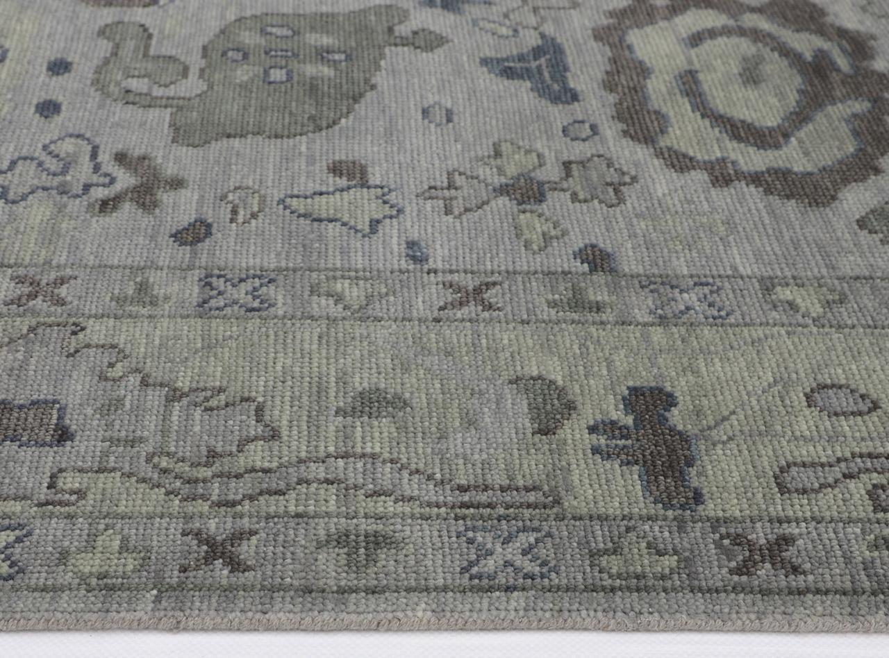 Hand-Knotted Oushak Wool Rug - Soft Gray with Olive & Charcoal Accents | Rug Regalia