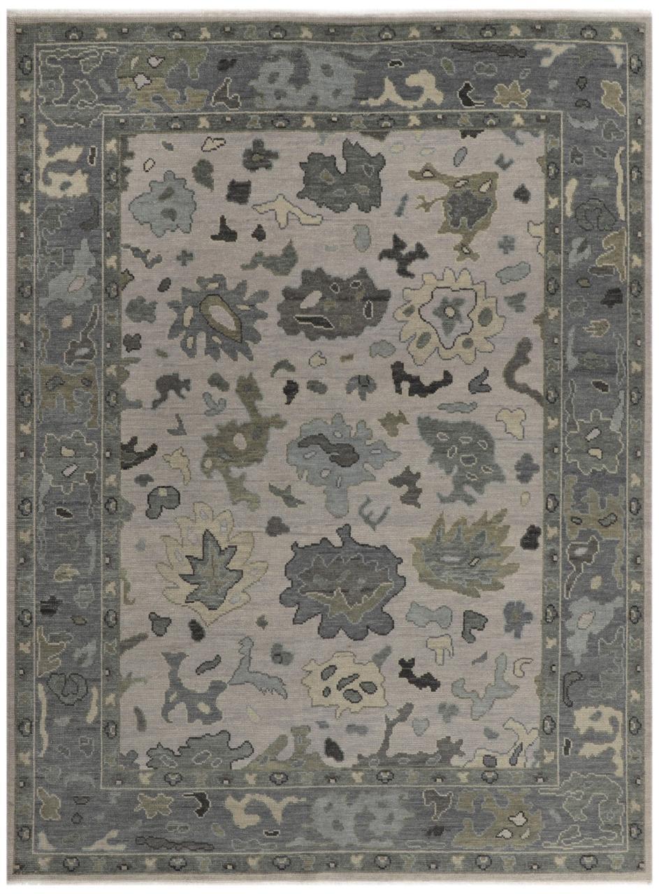 Hand-Knotted Oushak Wool Rug - Soft Gray with Olive & Charcoal Accents | Rug Regalia
