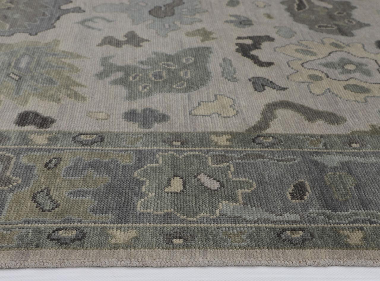 Hand-Knotted Oushak Wool Rug - Soft Gray with Olive & Charcoal Accents | Rug Regalia