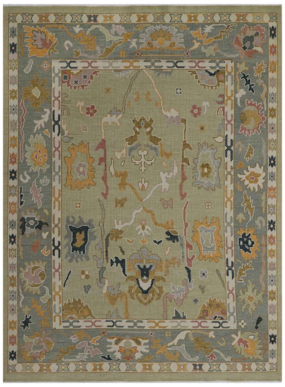 Hand-Knotted Oushak Wool Rug - Soft Sage Green with Muted Gold & Pastel Accents | Rug Regalia